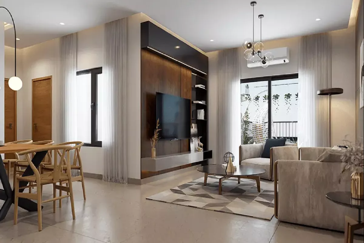 Birla Arika luxury apartment living room with Italian marble flooring and natural light